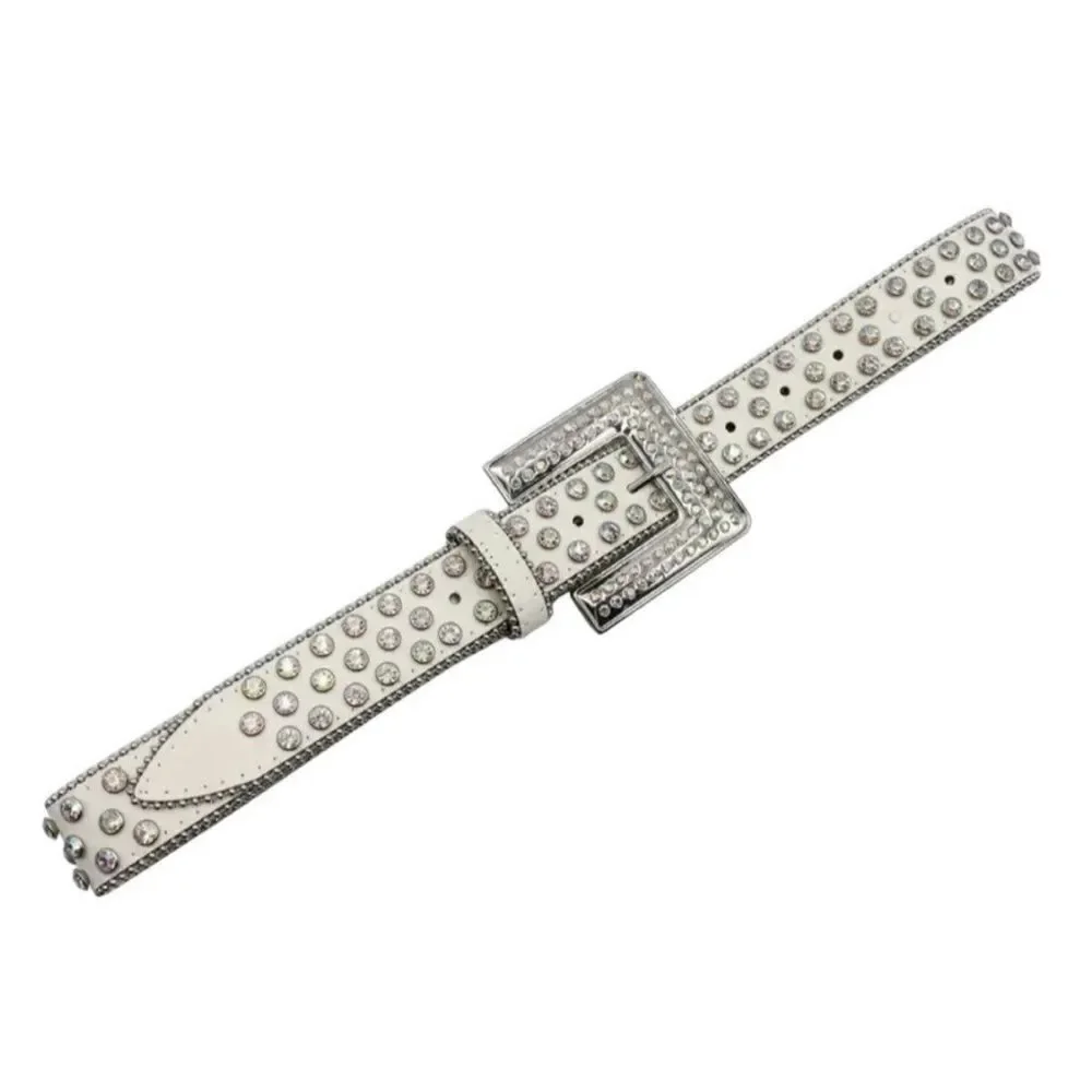 Men’s White Diamond Rhinestone Leather Square Buckle Belt Size 42 - Picture 6 of 6